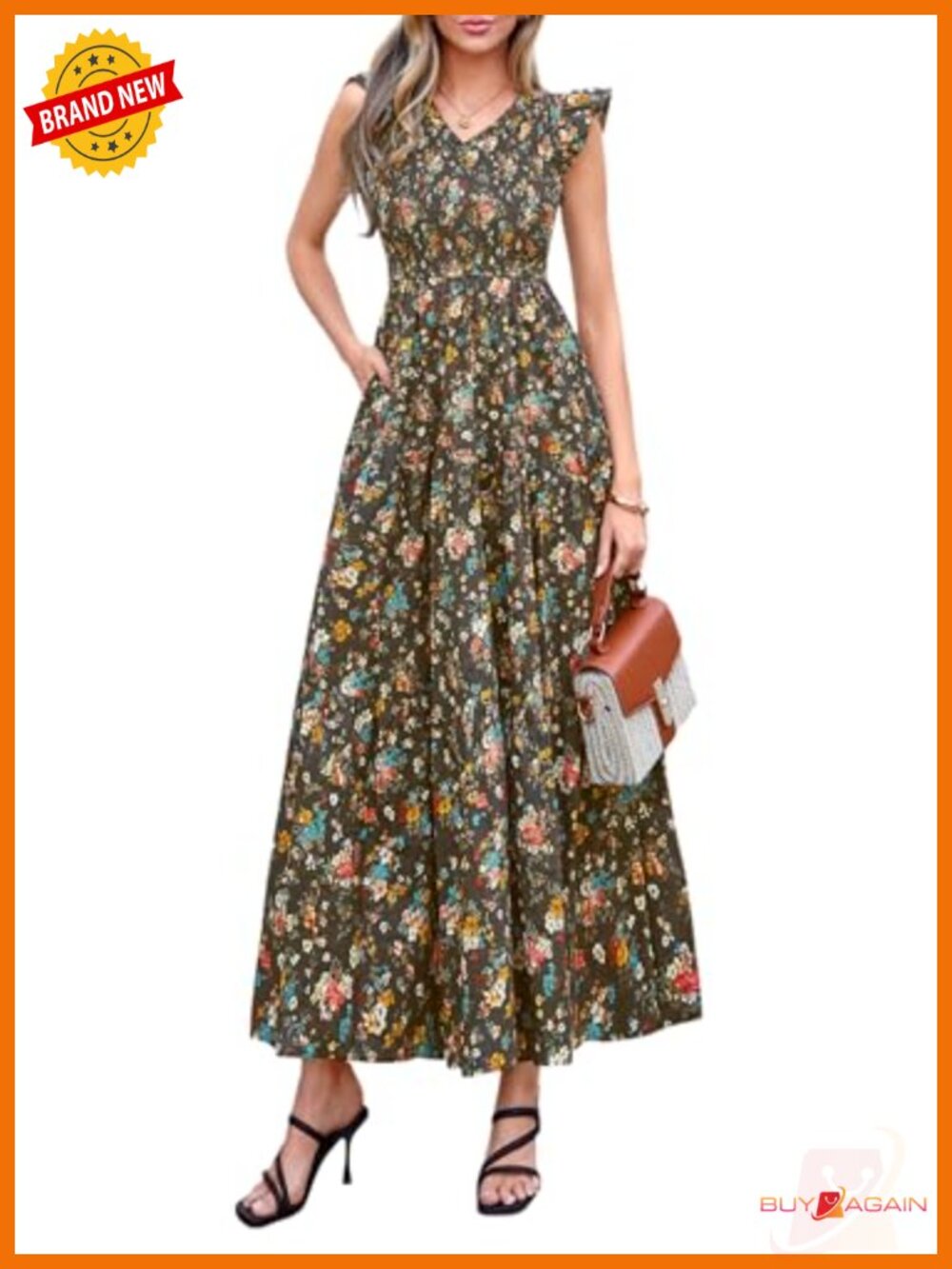 Smocked Boho Floral Maxi Dress Cotton V-Neck Sleeveless Casual